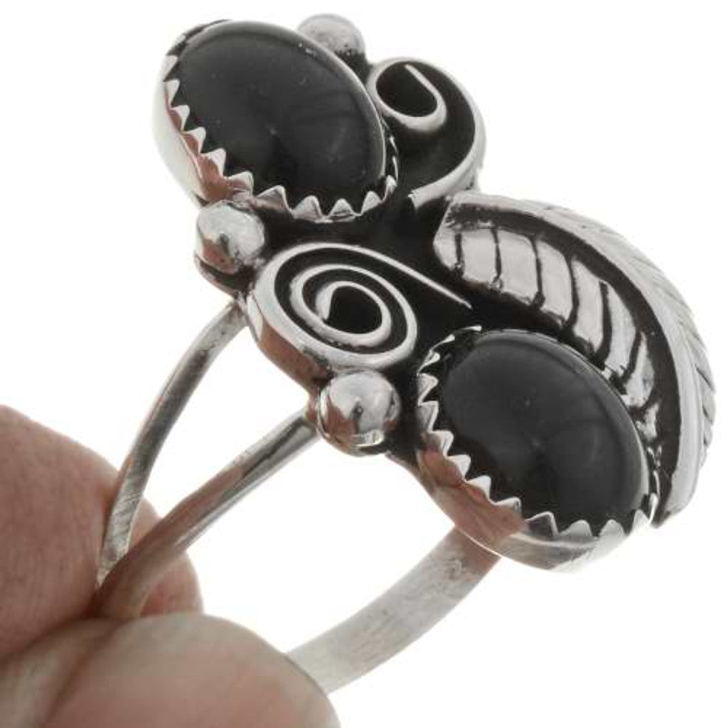 Black Onyx Silver Ladies Sterling Ring Pointer Design