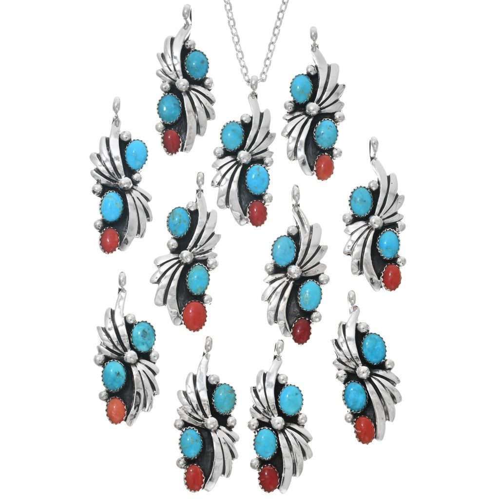 Natural-Turquoise-Coral-Navajo-Pendant-Sterling-Silver-Chain