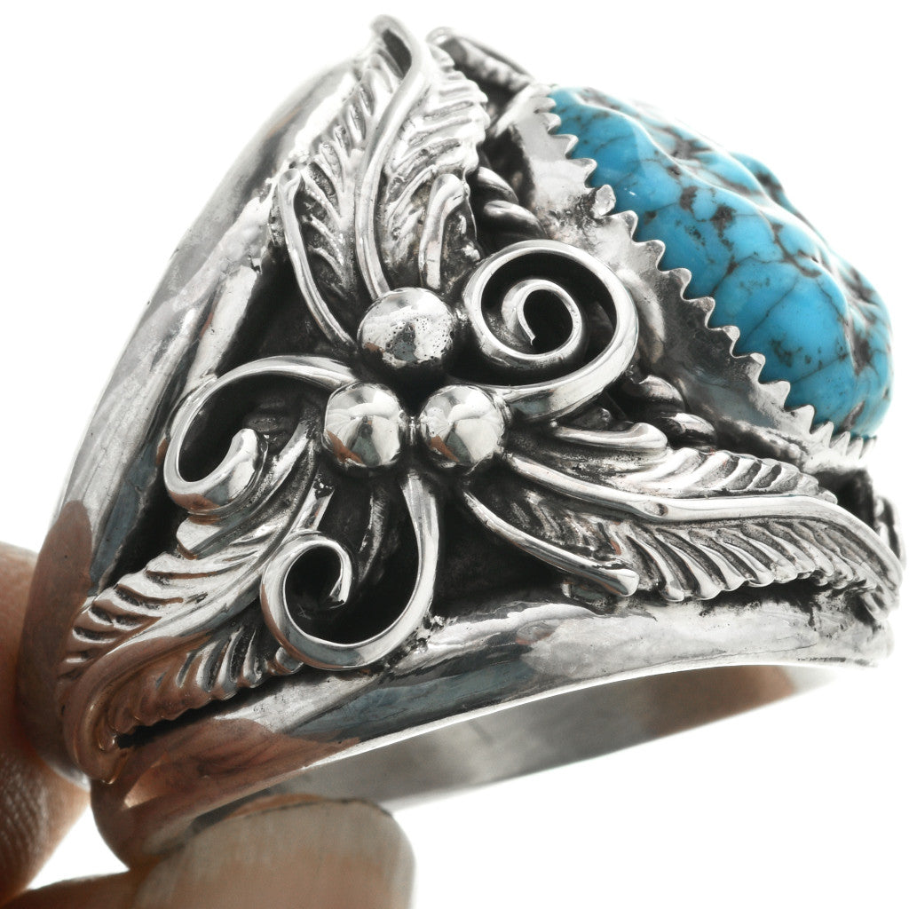 Navajo-Turquoise-Big-Boy-Silver-Ring-Bold-Sterling-Mens-Design-leafs