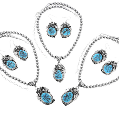 Navajo-Turquoise-Silver-Pendant-Necklace-Dangle-Earrings-Set-