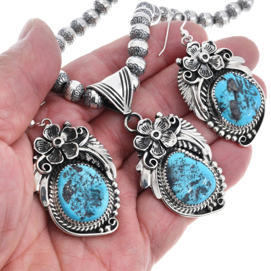 Navajo-Turquoise-Silver-Pendant-Necklace-set-Dangle-Earrings