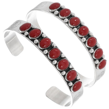 Navajo-red-Coral-Sterling-Bracelet-hammered-tribal-pattern