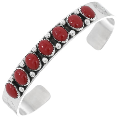 Navajo-silver-Coral-Bracelet-hammered-tribal-pattern-Sterling-cuff