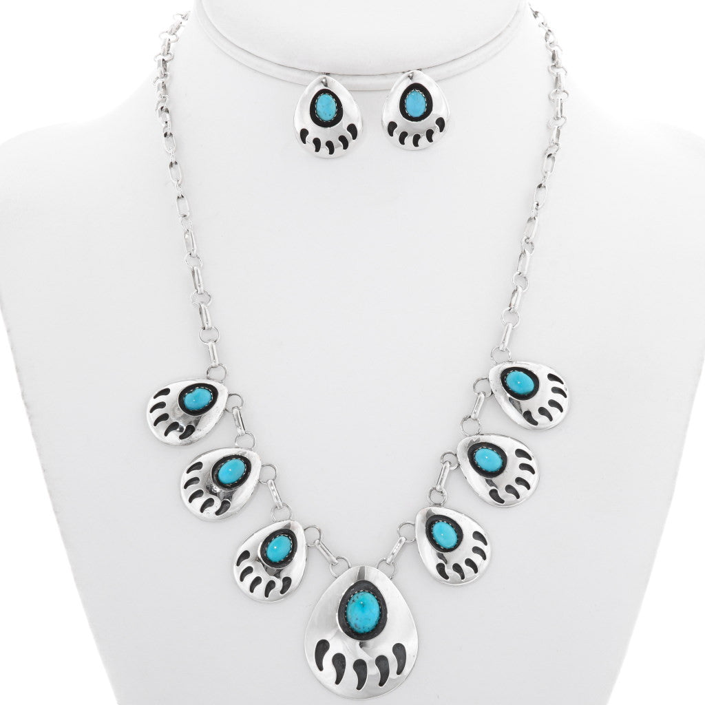 Silver-Turquoise-Navajo-link-Necklace-post-Earrings-Set-bear-paw