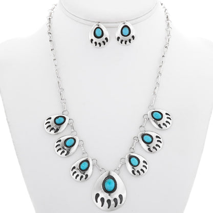 Silver-Turquoise-Navajo-link-Necklace-post-Earrings-Set-bear-paw