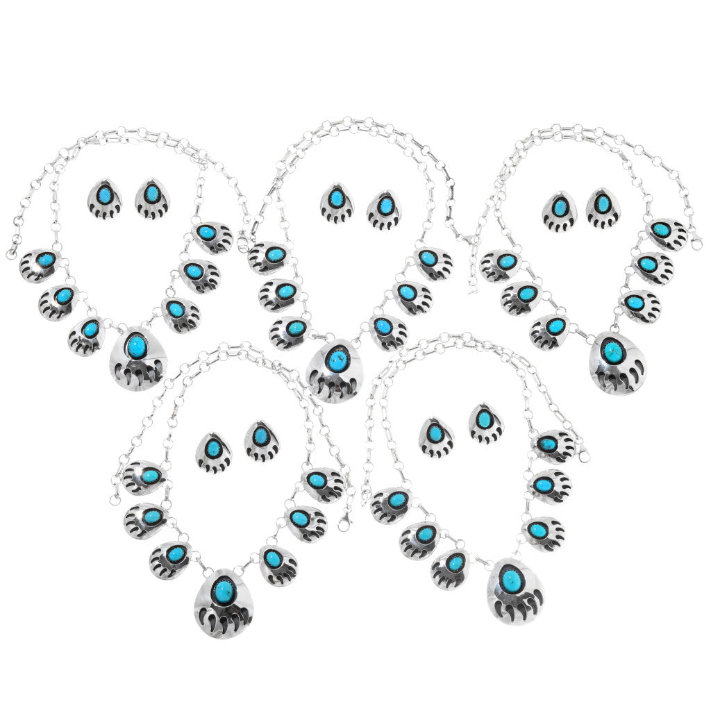 Silver-Turquoise-Navajo-link-Necklace-post-Earrings-bear-pawSet