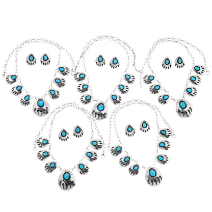 Silver-Turquoise-Navajo-link-Necklace-post-Earrings-bear-pawSet