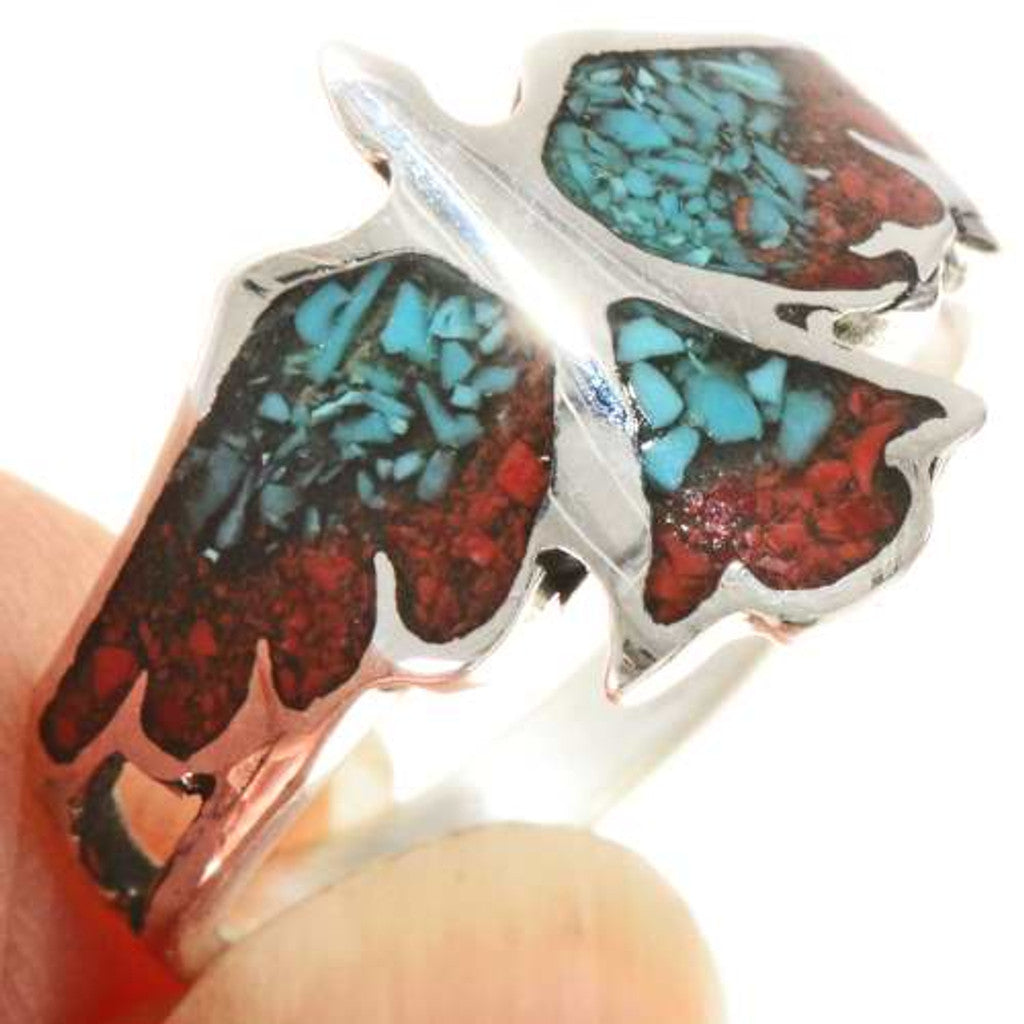 Turquoise Coral Inlaid Silver Ladies Ring Sterling Firebird Design