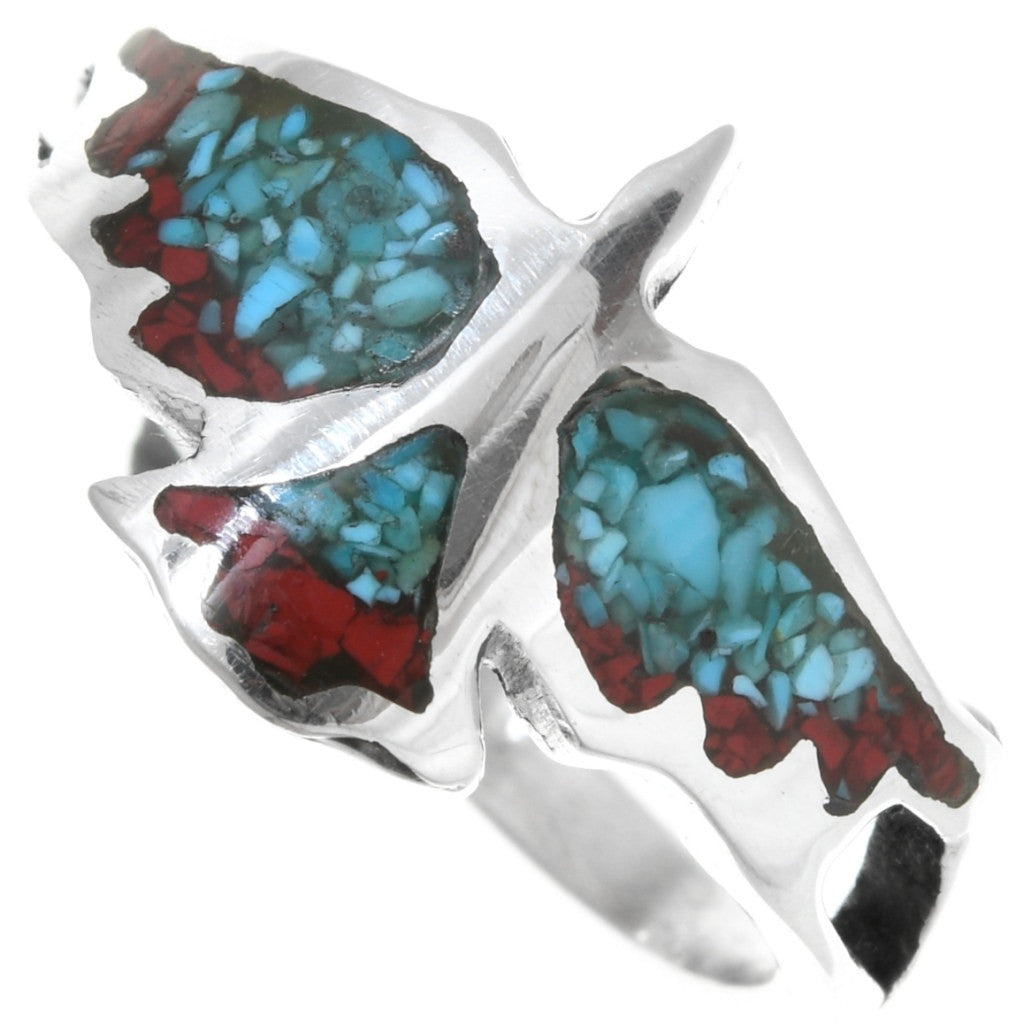 Turquoise Coral Inlaid Silver Ladies Ring Sterling Firebird Design