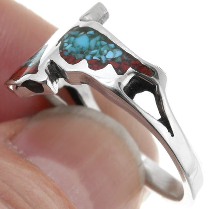 Turquoise Coral Inlaid Silver Ladies Ring Sterling Firebird Design