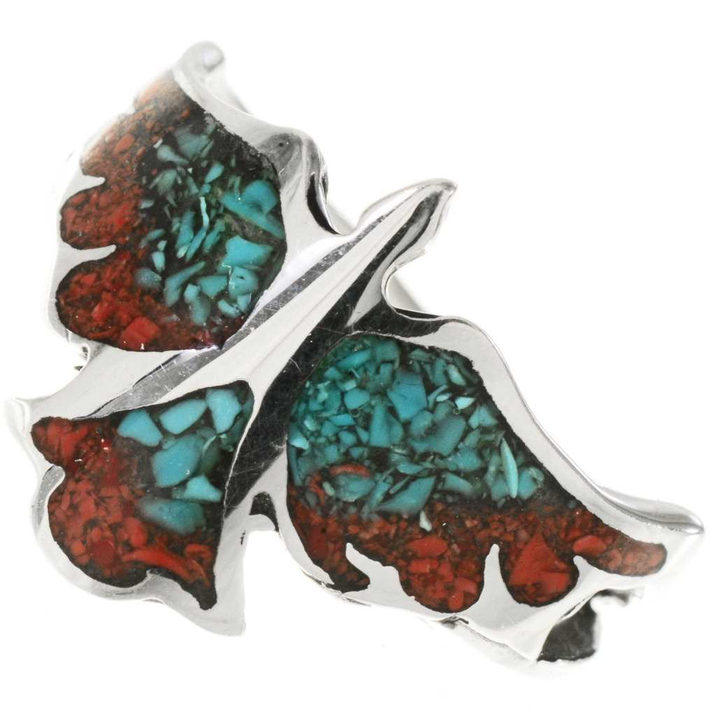 Turquoise Coral Inlaid Silver Ladies Ring Sterling Firebird Design