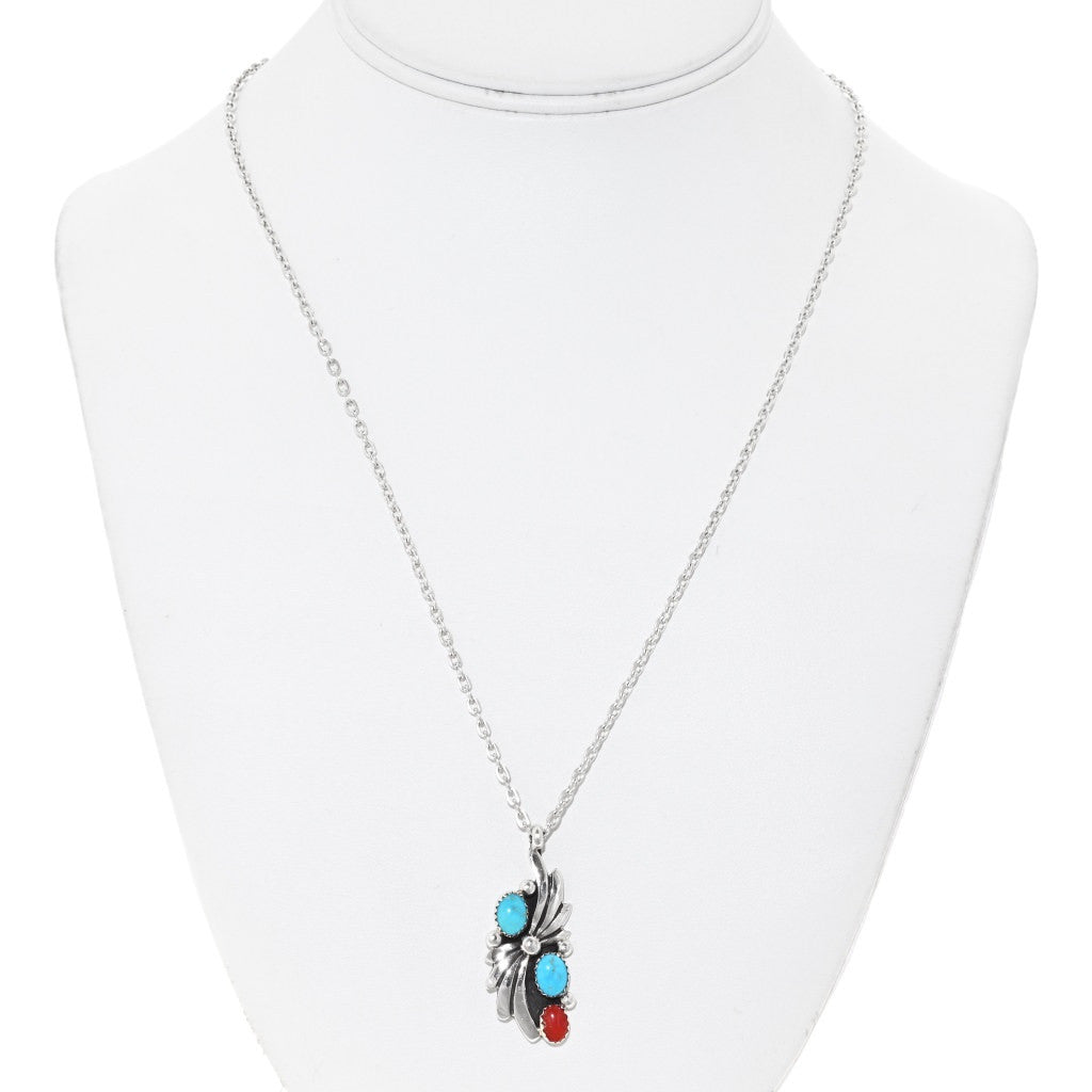 Turquoise-Coral-Navajo-Pendant-Sterling-Silver-Chain