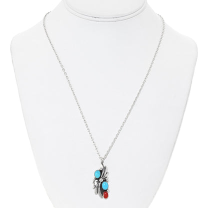 Turquoise-Coral-Navajo-Pendant-Sterling-Silver-Chain