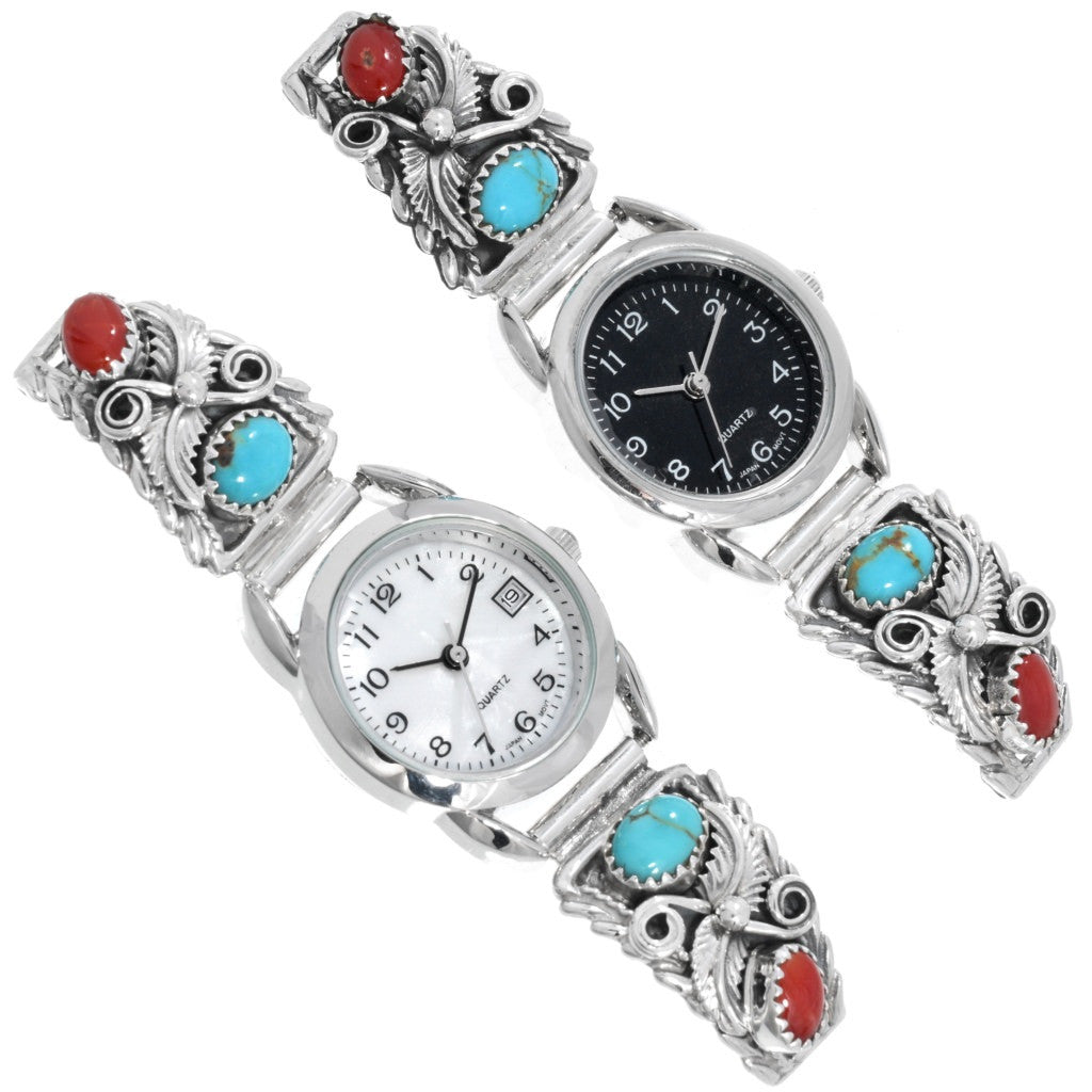 Turquoise-Coral-Navajo-Silver-women-Bracelet-Watch-dial