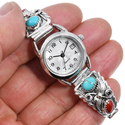 Turquoise-Coral-Navajo-Silver-women-Bracelet-Watch-quartz-dial