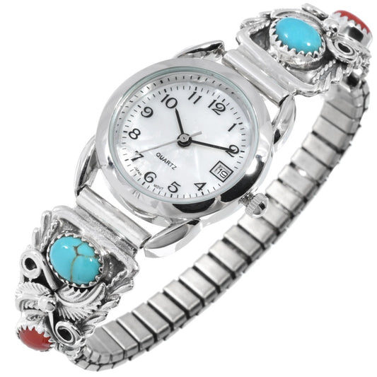 Turquoise-Coral-Navajo-Silver-women-Bracelet-Watch