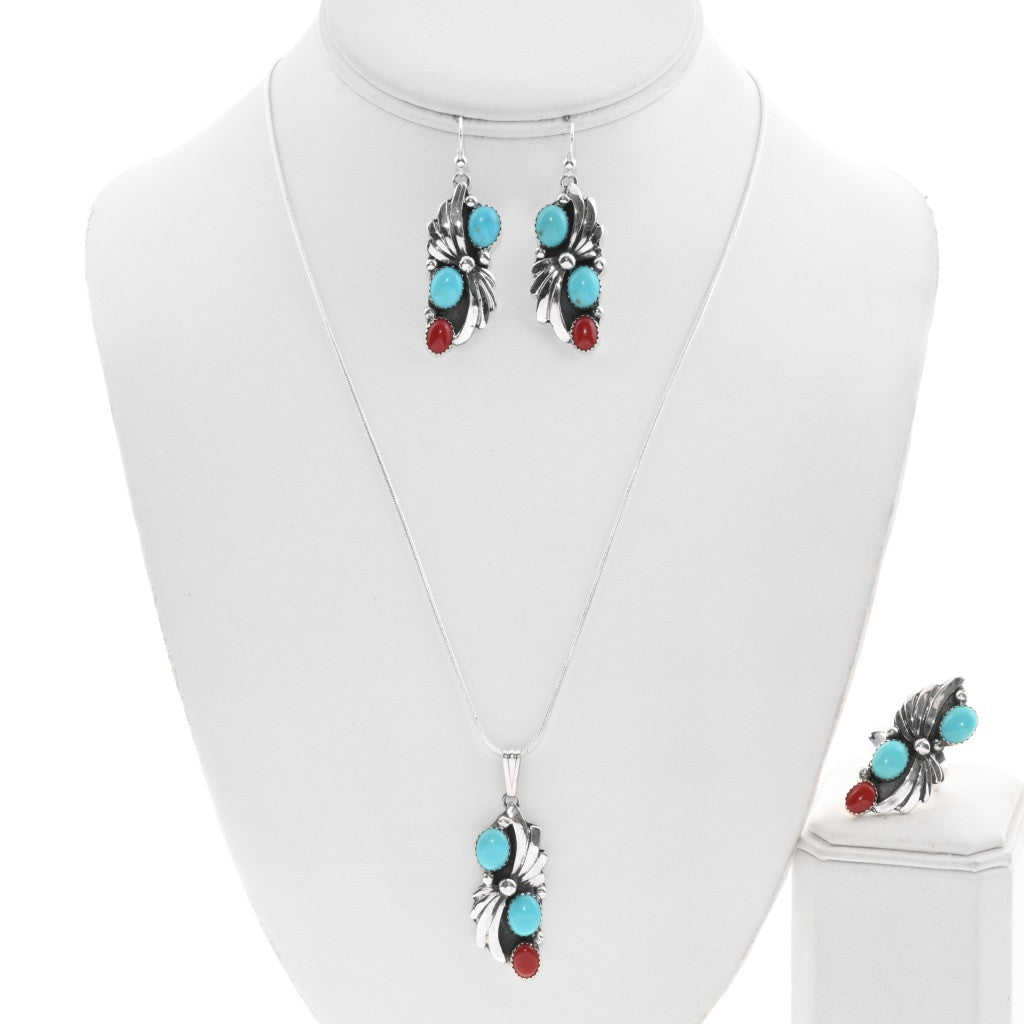 Turquoise-Coral-Pendant-Set-Navajo-Earrings-Ring-Silver