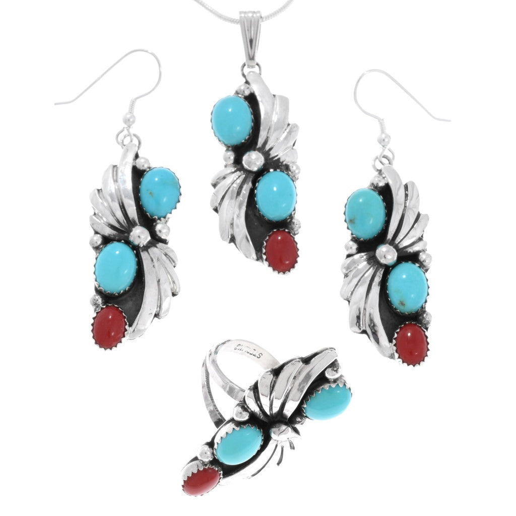 Turquoise-Coral-Pendant-Set-Navajo-Earrings-Ring-Silver