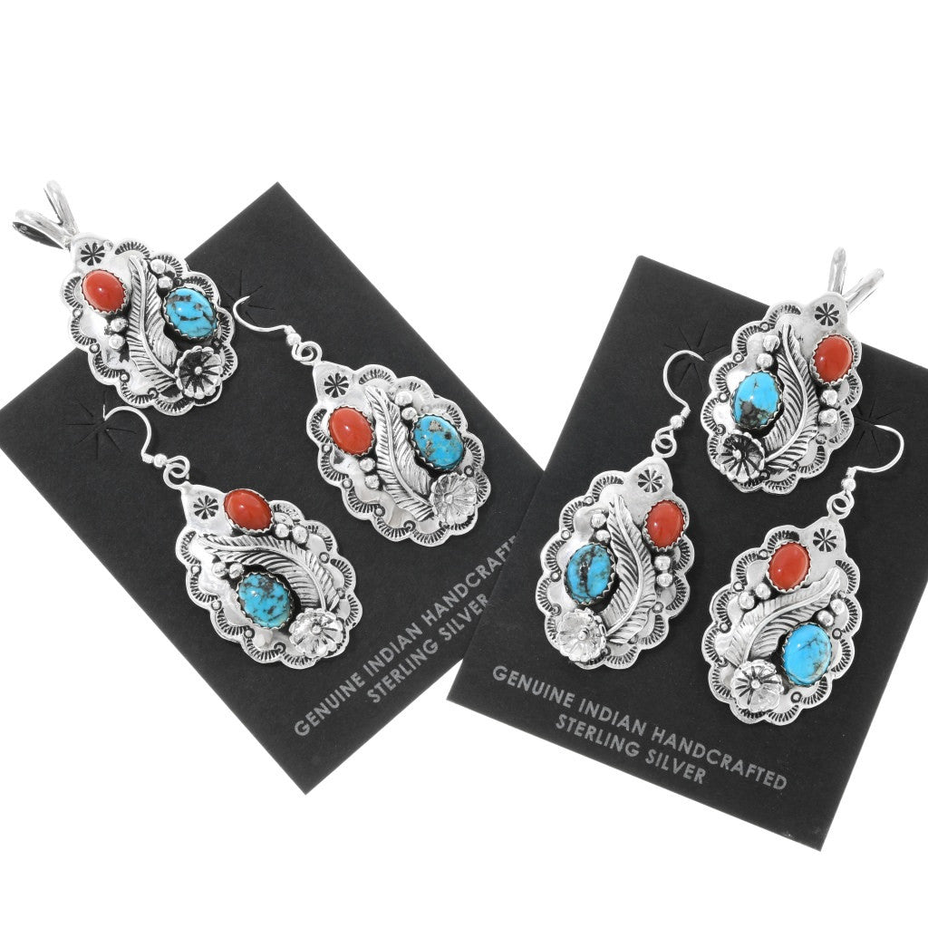 Turquoise-Coral-Sterling-Silver-Pendant-Set-dangle earrings-Genuine-Handcrafted