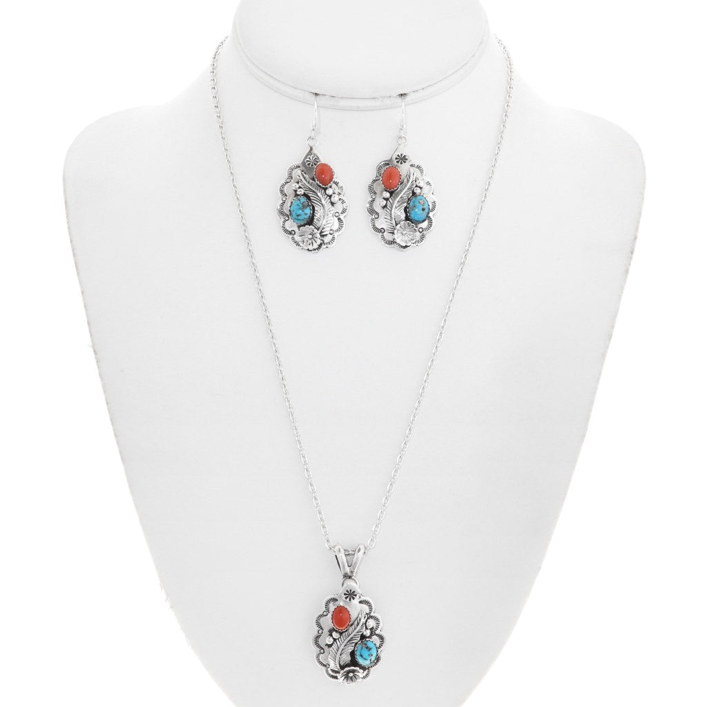 Turquoise-Coral-Sterling-Silver-Pendant-Set-earrings-dangle