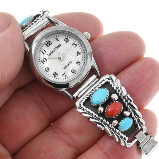 Turquoise-Coral-women-Watch-Bracelet-sterling-silver-stretch-band