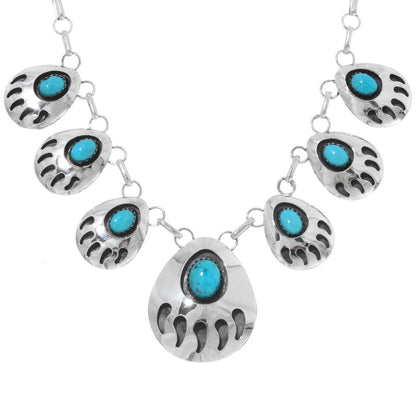 Silver-Turquoise-Navajo-link-Necklace-bear-paw