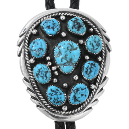 Turquoise-cluster-silver-bolo-tie-Navajo-Traditional-Sterling-leather-nugget