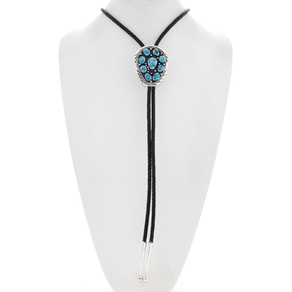 Turquoise-nugget-cluster-silver-bolo-tie-Navajo-Traditional-Sterling-leather