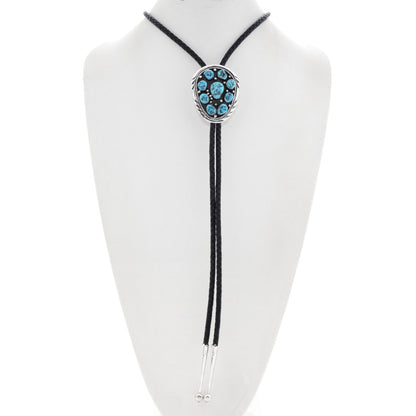 Turquoise-nugget-cluster-silver-bolo-tie-Navajo-Traditional-Sterling-leather