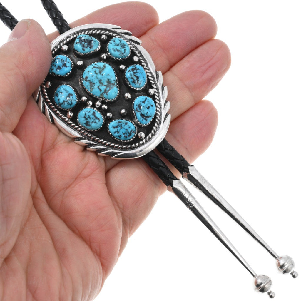 Turquoise-nugget-cluster-silver-bolo-tie-Navajo-Traditional-Sterling-tips