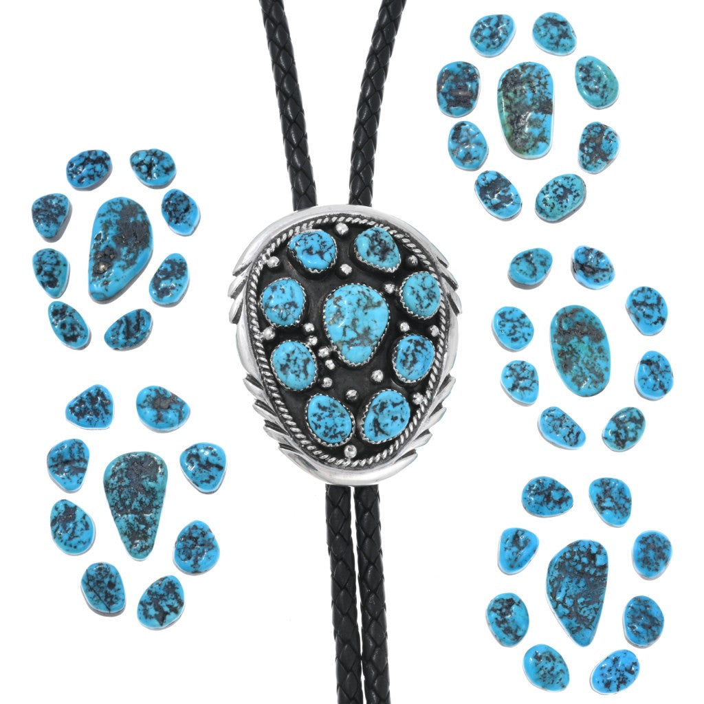 Turquoise-nugget-cluster-silver-bolo-tie-Navajo-Traditional-Sterling