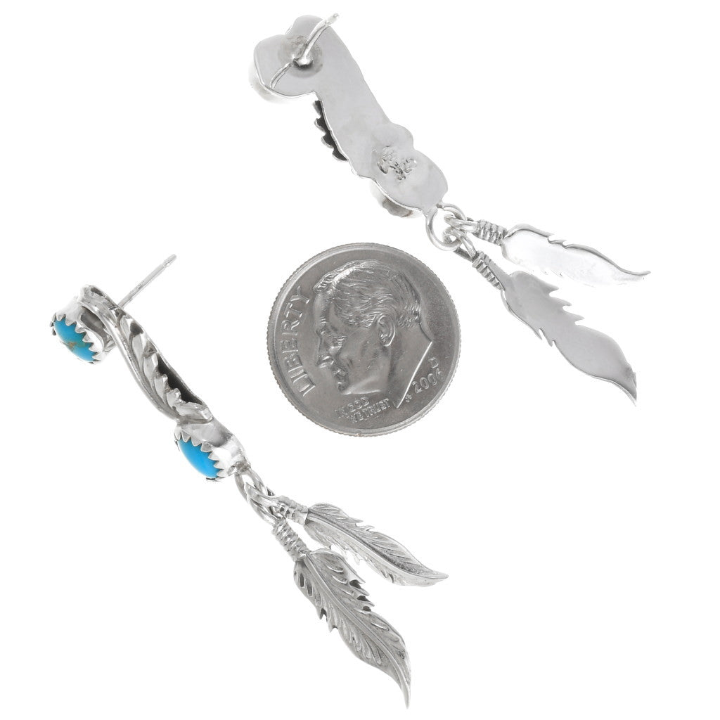 Turquoise & Silver Feather Dangle Earrings-back