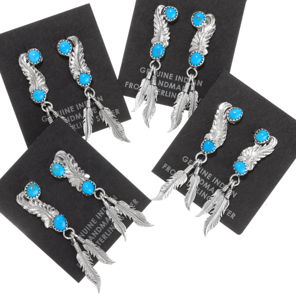 Turquoise & Silver Feather Dangle Earrings-group