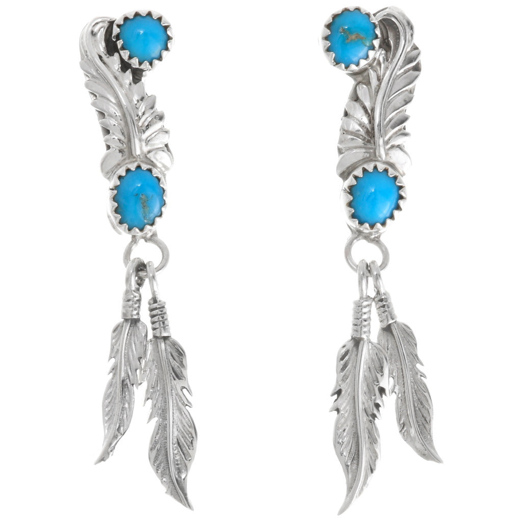 Turquoise & Silver Feather Dangle Earrings