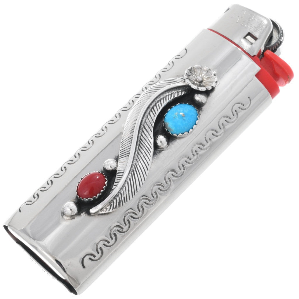 handcrafted-southwest-Silver-Lighter-Case-Cover-Navajo-turquoise-coral-feather