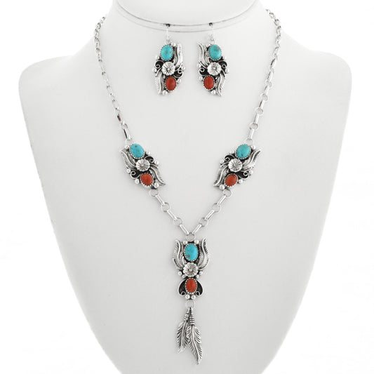 navajo-turquoise-coral-sterling-silver-necklace-set-dangle-feather-earrings-flower